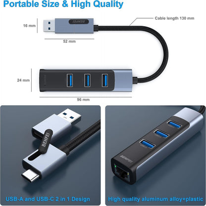 BENFEI 350GY 2-in-1 USB-C+USB 3.0 to RJ45 Gigabit Ethernet Port + 3-Port USB 3.0 HUB Tristar Online