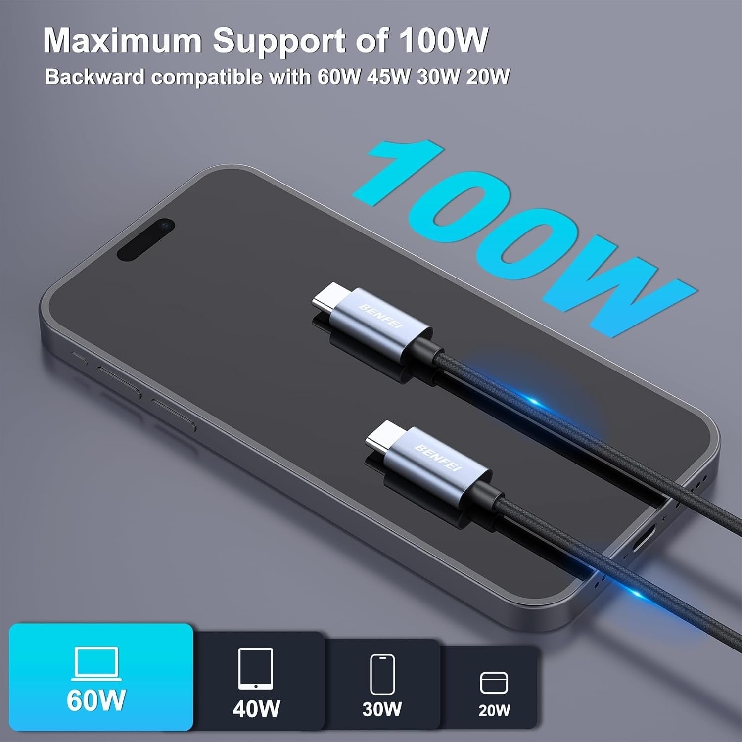 BENFEI 351SL-6F 100W USB-C to USB-C Fast Charging Cable Aluminum Shell Tangle-Free Silicone Tristar Online