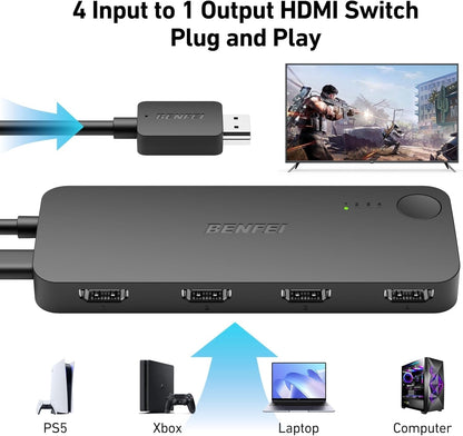 BENFEI 365BK HDMI Switch 4 in 1 Out 4K@60Hz, 2K@144Hz, HDCP 2.3 (with Adaptive Equalization Support 30ft HDMI Transmit) Tristar Online
