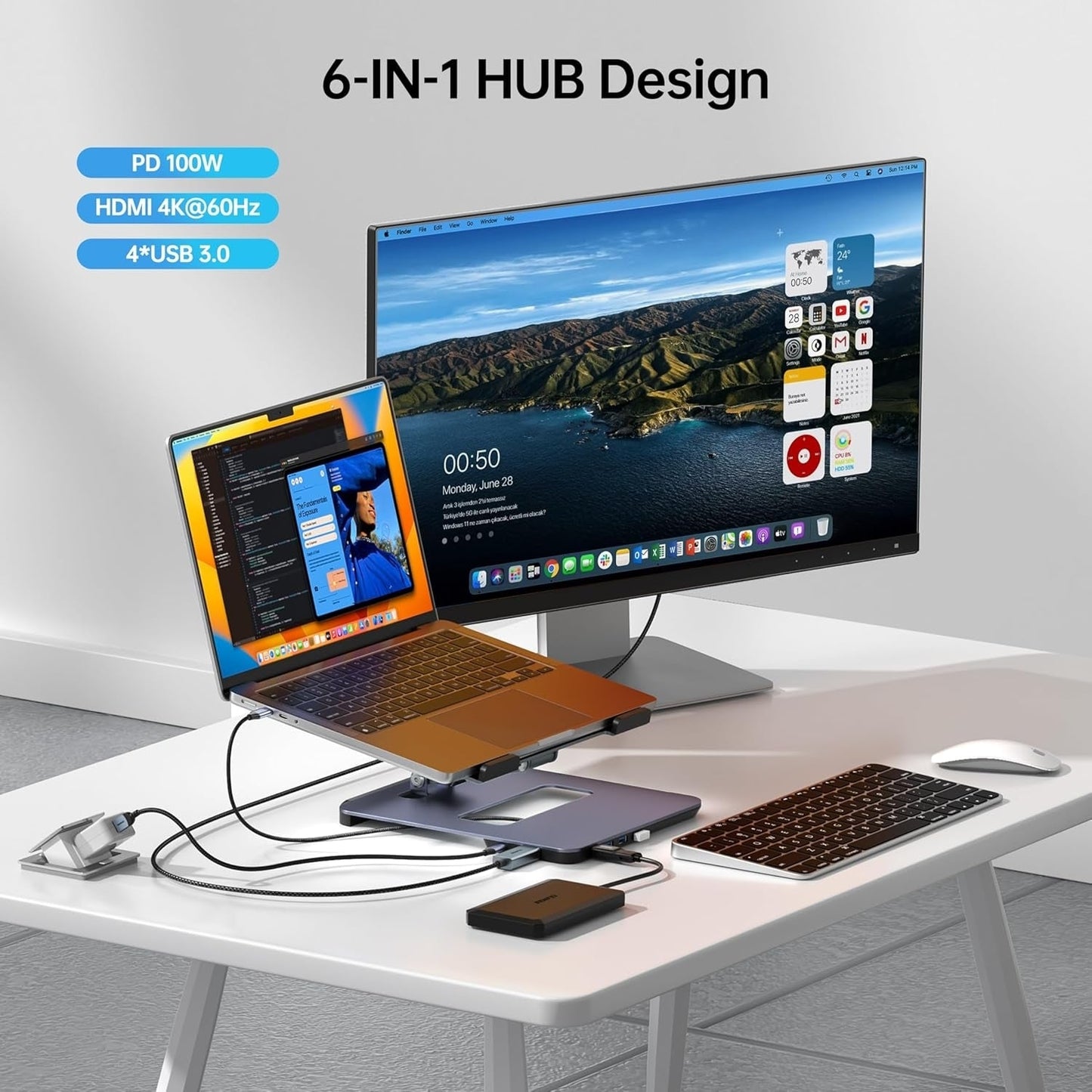 BENFEI 380GY Laptop Stand with USB C 6 in1 4K@60Hz HDMI, 4 x USB3.0, 100W PD Docking Station Tristar Online