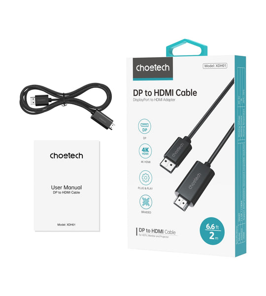 CHOETECH XDH01 4K 60Hz DisplayPort Male to HDMI Male Braided Cable 2M Tristar Online