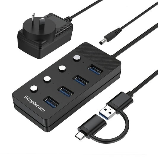 Simplecom CH345C SuperSpeed USB-A and USB-C to 4-Port USB 3.0 Hub 5Gbps Individual Switches and Power Adapter Tristar Online