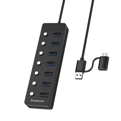 Simplecom CH375C USB-A and USB-C to 7-Port USB 3.0 Hub 5Gbps Individual Switches and Power Adapter Tristar Online