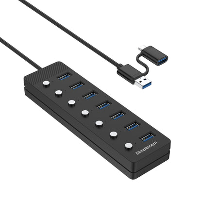Simplecom CH375C USB-A and USB-C to 7-Port USB 3.0 Hub 5Gbps Individual Switches and Power Adapter Tristar Online