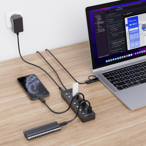 Simplecom CH375C USB-A and USB-C to 7-Port USB 3.0 Hub 5Gbps Individual Switches and Power Adapter Tristar Online