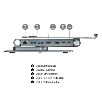 Simplecom CHT660 Adjustable Aluminium Laptop Stand with 6-Port USB-C Docking Station Dual 4K HDMI Display Tristar Online