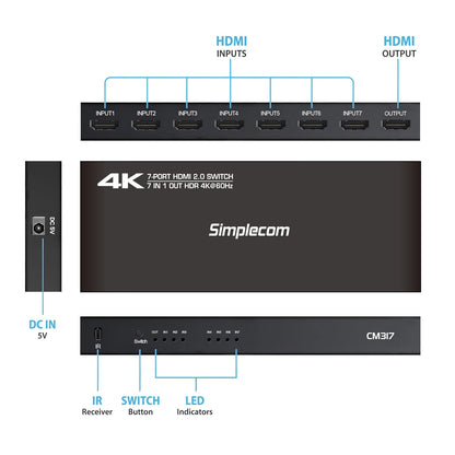 Simplecom CM317 7-Port HDMI 2.0 Switch with Remote 7 IN 1 OUT Splitter HDCP 2.2 4K@60Hz Tristar Online