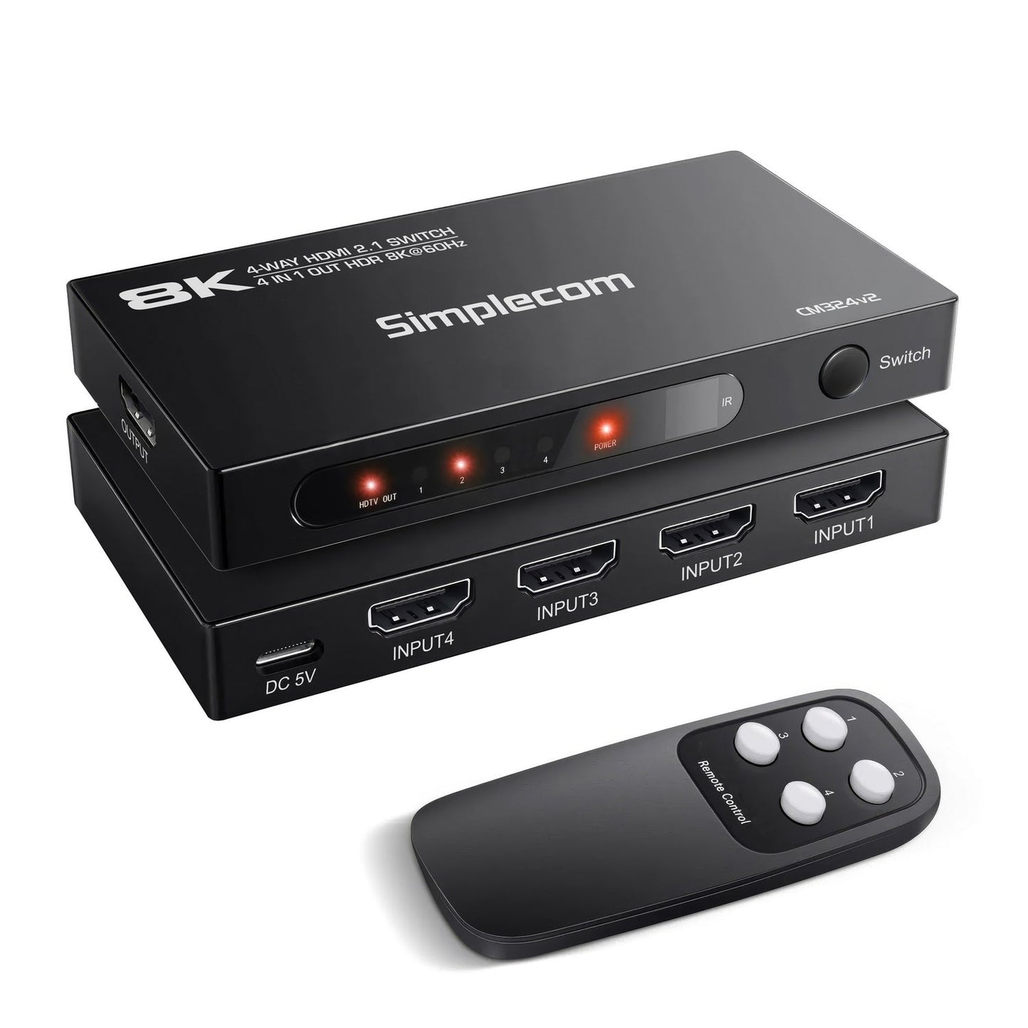 Simplecom CM324v2 4-Port HDMI 2.1 Switch with Remote 4 IN 1 OUT Splitter HDCP 2.3 8K@60Hz Tristar Online