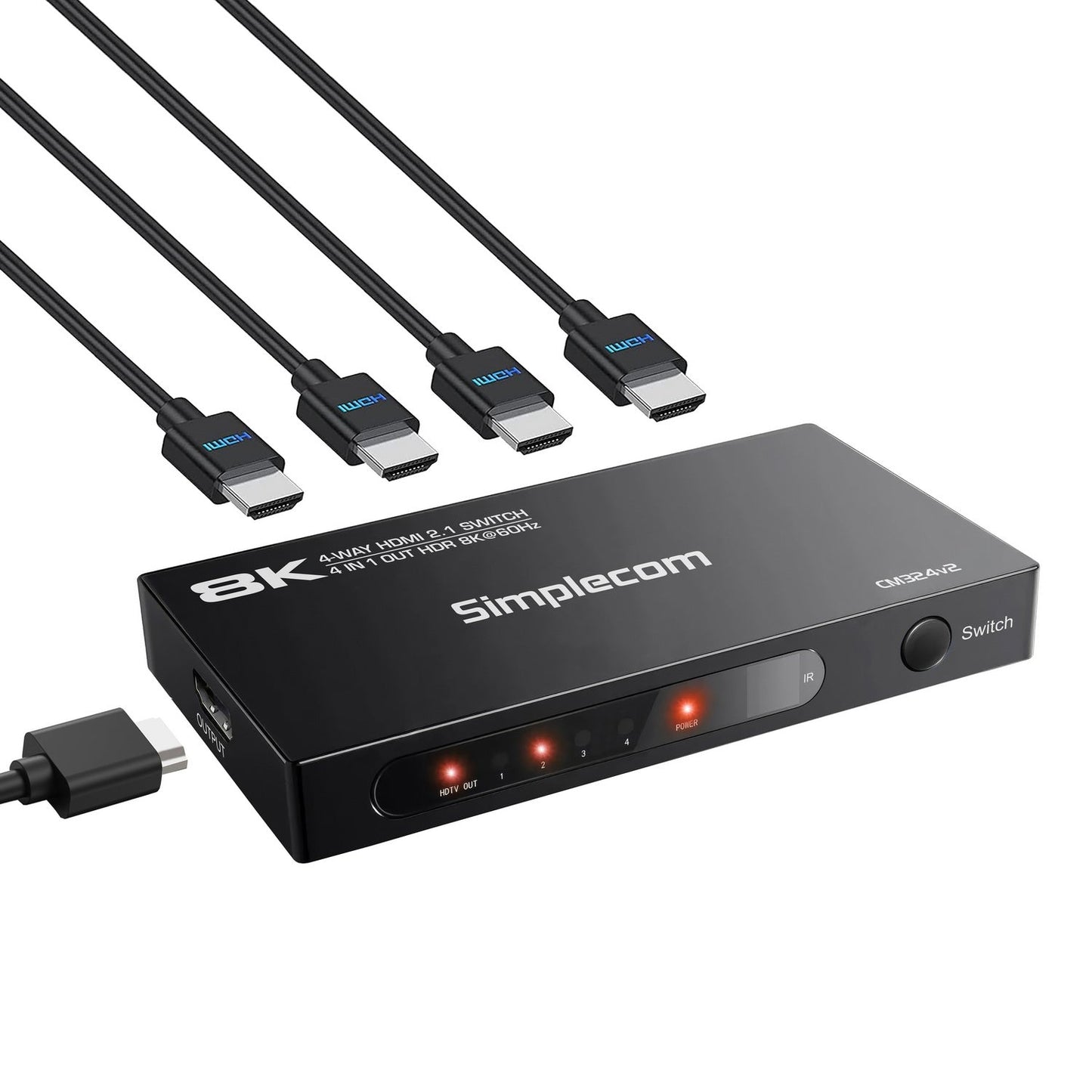 Simplecom CM324v2 4-Port HDMI 2.1 Switch with Remote 4 IN 1 OUT Splitter HDCP 2.3 8K@60Hz Tristar Online