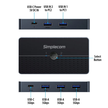 Simplecom KM320 2-Way SuperSpeed USB Switch 4-Port Hub with USB-C USB 3.0 5Gbps Tristar Online