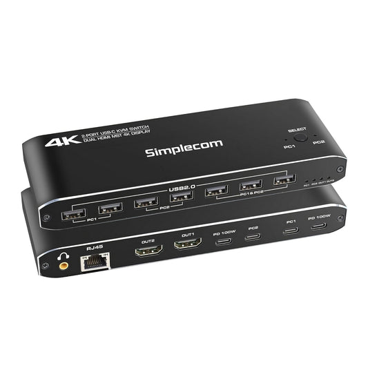 Simplecom KM590 2-Port USB-C Dual 4K HDMI Monitor KVM Switch and Docking Station with Network Sharing Tristar Online