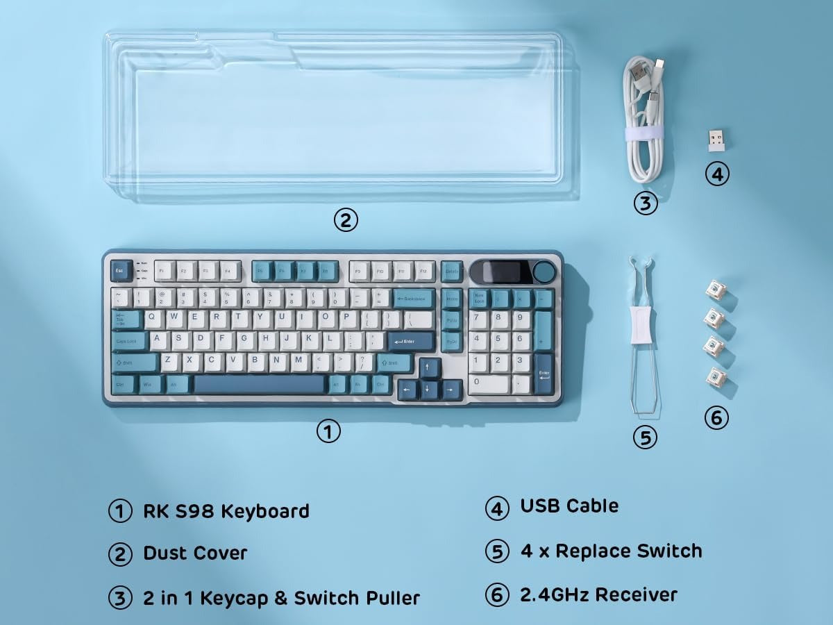 RK ROYAL KLUDGE S98 Mechanical Keyboard w/Smart Display & Knob, Top Mount 96% Wireless Mechanical Keyboard BT/2.4G/USB-C, Hot Swappable, Pale Green Switch 98 Keys Tristar Online