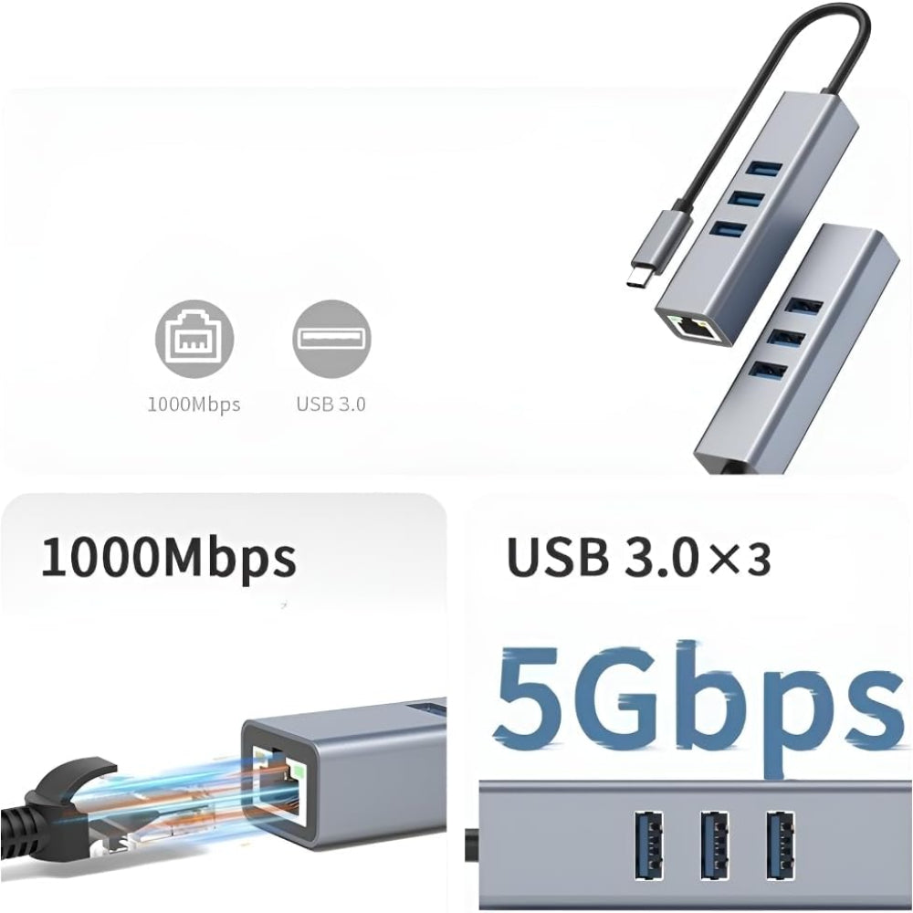 USB C to Ethernet Adapter with 1000Mbps Gigabit RJ45 and 3xUSB 3.0 Ports Tristar Online