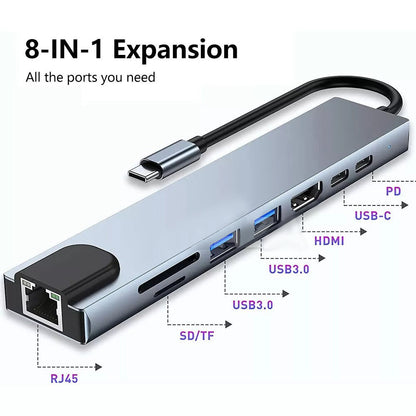 8in1 Hub USB-C To Type-C USB 3.0 4K HDMI RJ45 Ethernet SD TF OTG PD Port Adapter Tristar Online