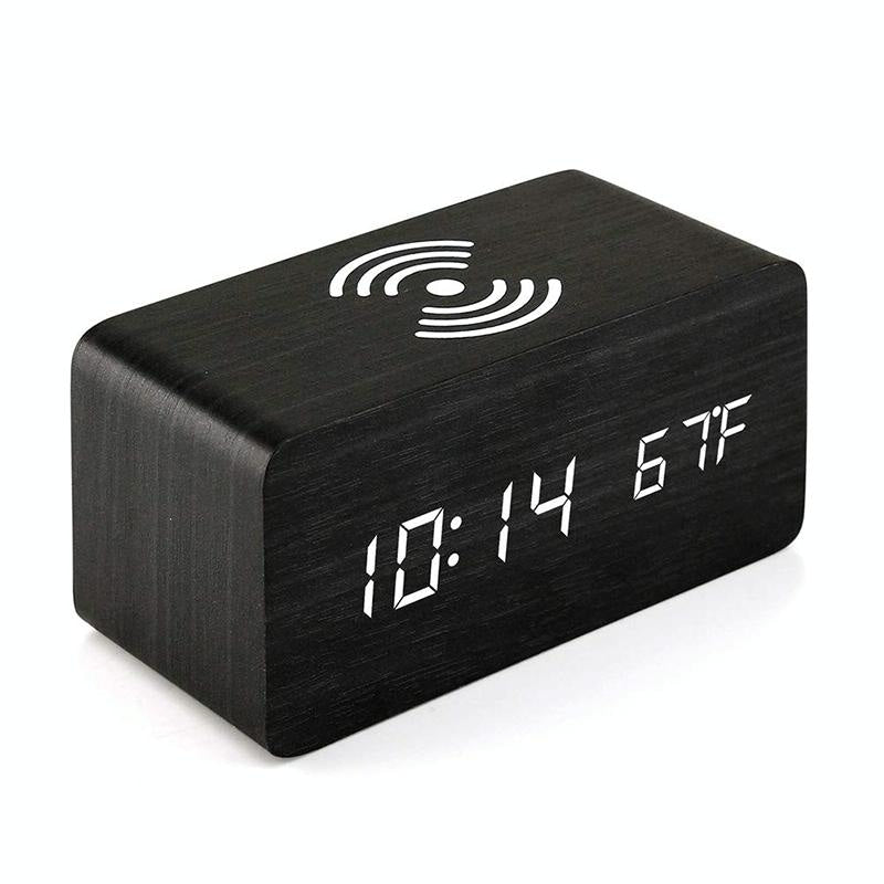 5W Wooden Wireless Charger With Led Mirror Display And Sub Alarm Clock - Bamboo Tristar Online