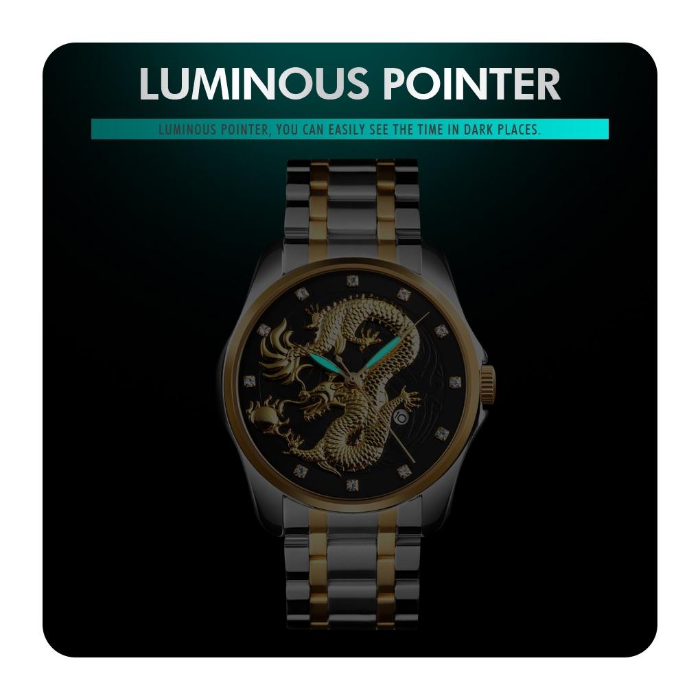 Men Golden Dragon Calendar Dial Quartz Watch with Luminous Hands - Silver Gold Tristar Online