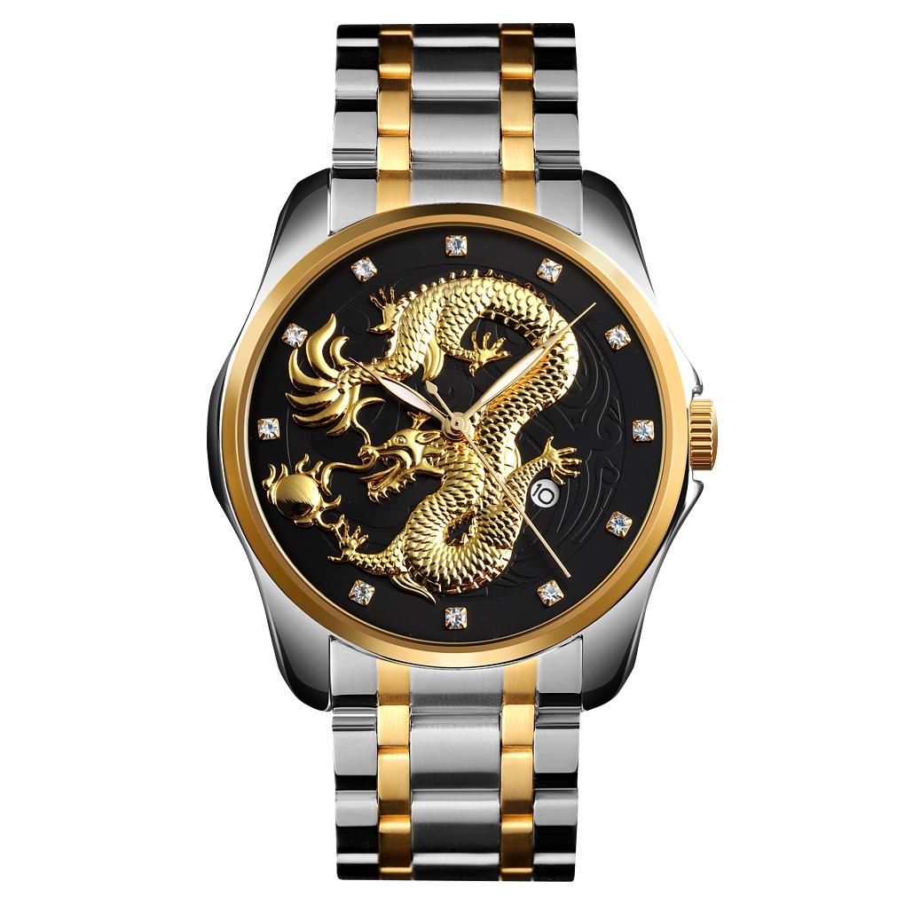 Men Golden Dragon Calendar Dial Quartz Watch with Luminous Hands - Silver Gold Tristar Online
