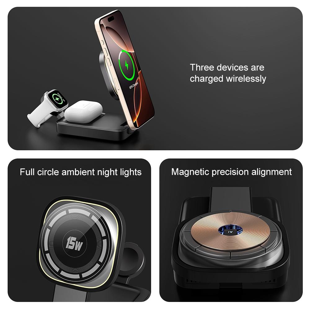 3 In 1 Magnetic Wireless Charger With Led Light - Black Tristar Online