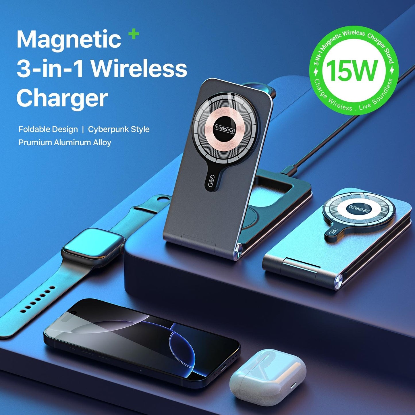 15W 3 In 1 Foldable Magnetic Wireless Charger Grey Tristar Online
