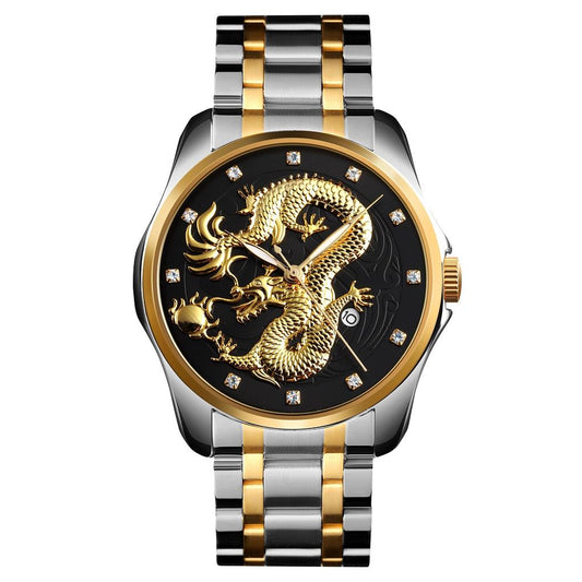 Men Golden Dragon Calendar Dial Quartz Watch with Luminous Hands - Silver Black Tristar Online