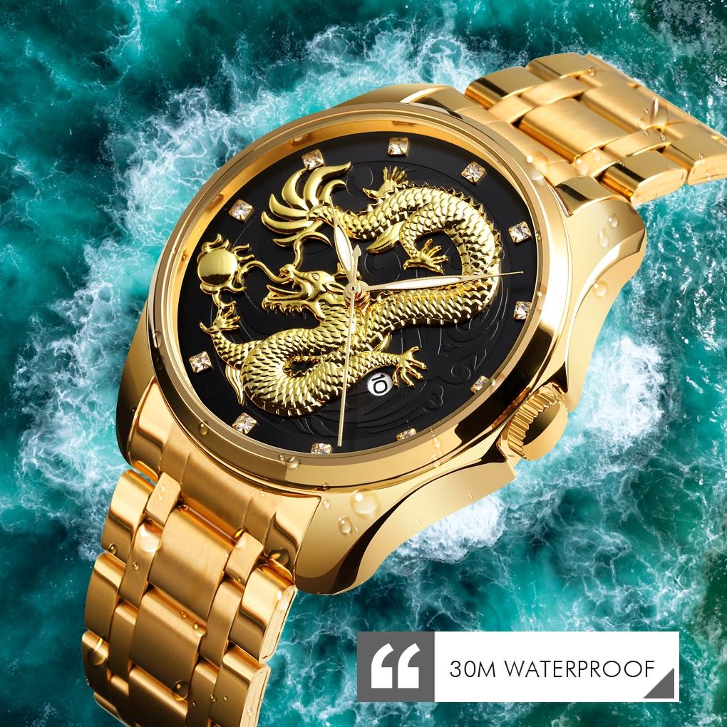 Men Golden Dragon Calendar Dial Quartz Watch with Luminous Hands - Silver Black Tristar Online
