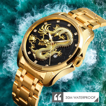 Men Golden Dragon Calendar Dial Quartz Watch with Luminous Hands - Silver Black Tristar Online