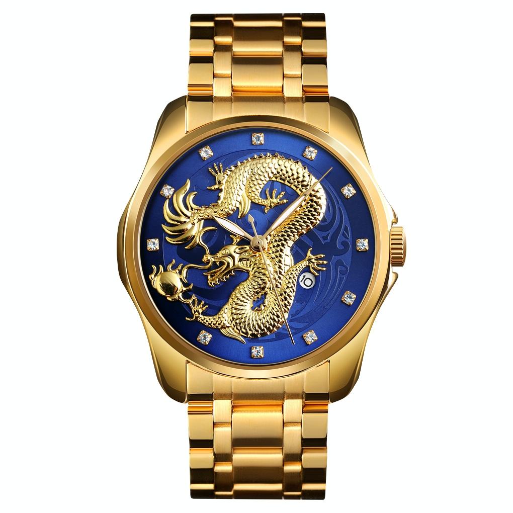 Men Golden Dragon Calendar Dial Quartz Watch with Luminous Hands - Silver Black Tristar Online