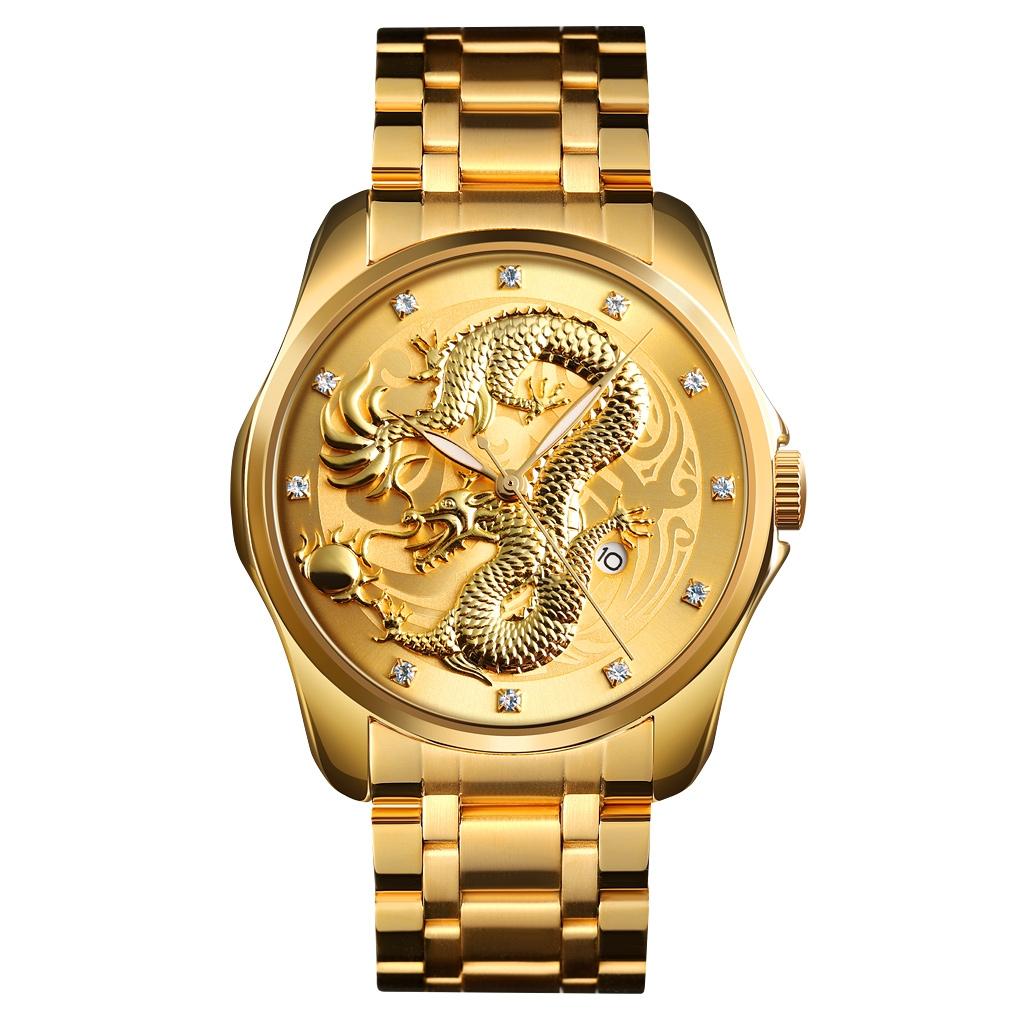 Men Golden Dragon Calendar Dial Quartz Watch with Luminous Hands - Silver Black Tristar Online