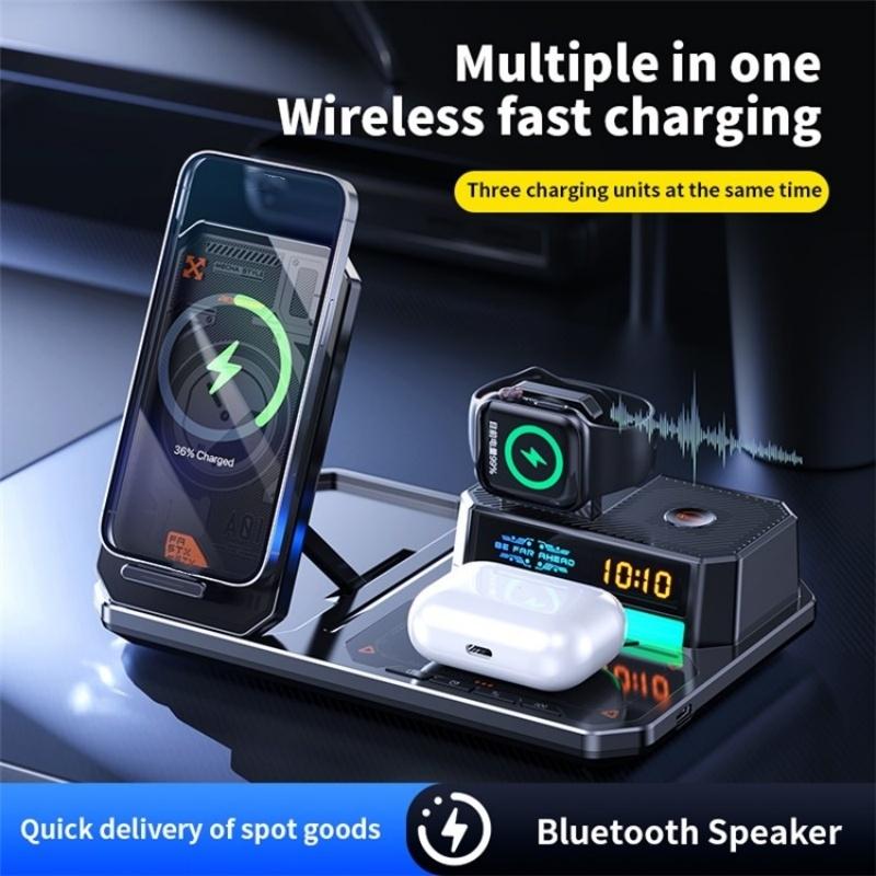 5 In 1 Magnetic Wireless Charger Stand With Clock & Speaker - White Tristar Online