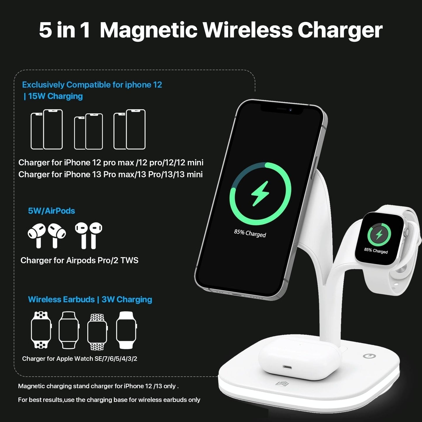 15W 5 In 1 Magnetic Wireless Charger With Stand - White Tristar Online