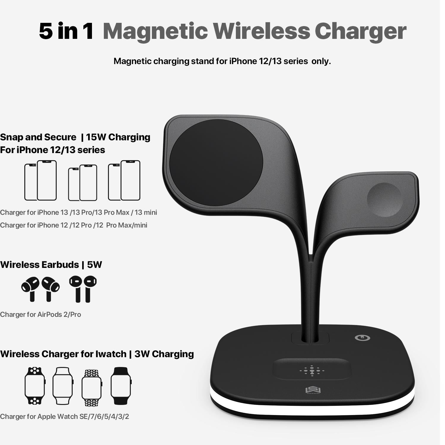 15W 5 In 1 Magnetic Wireless Charger With Stand - White Tristar Online