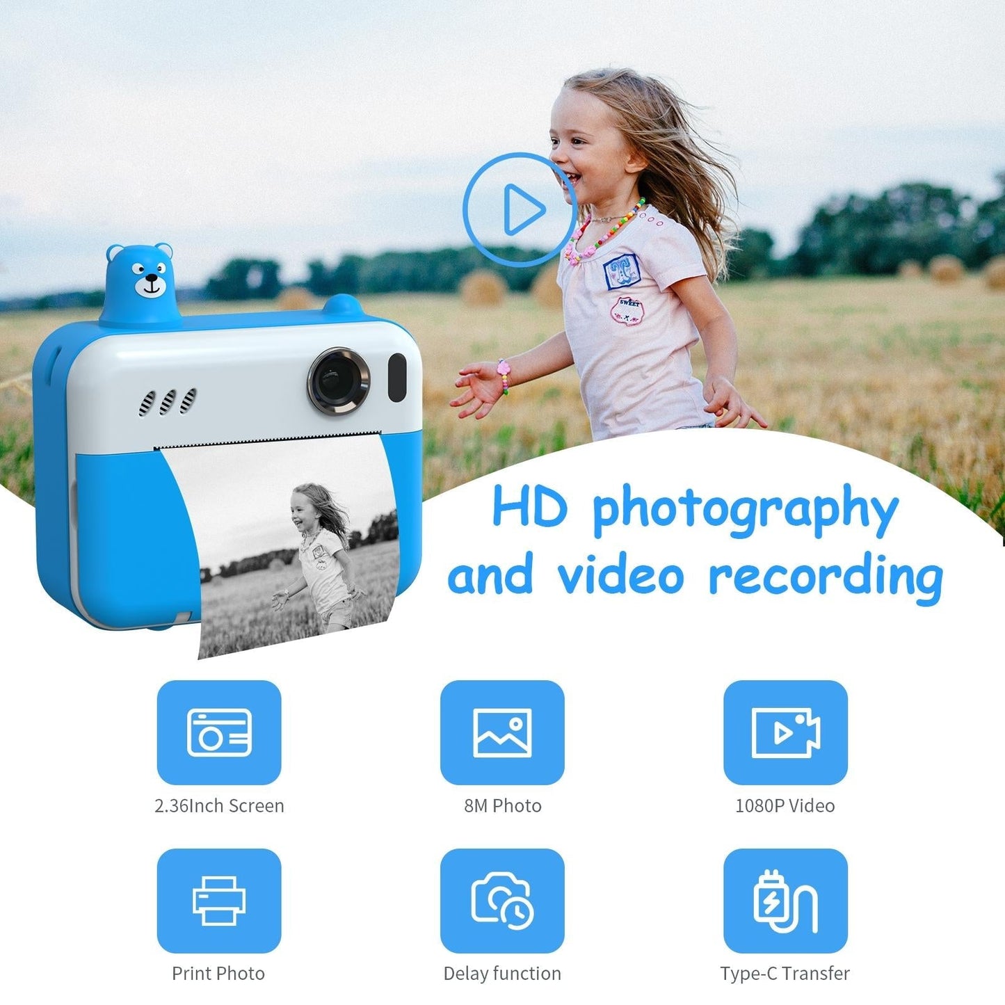 1080p Children's Camera with 2.36 Hd Led Display and Thermal Printing - Instant Capture - Sky Blue Tristar Online