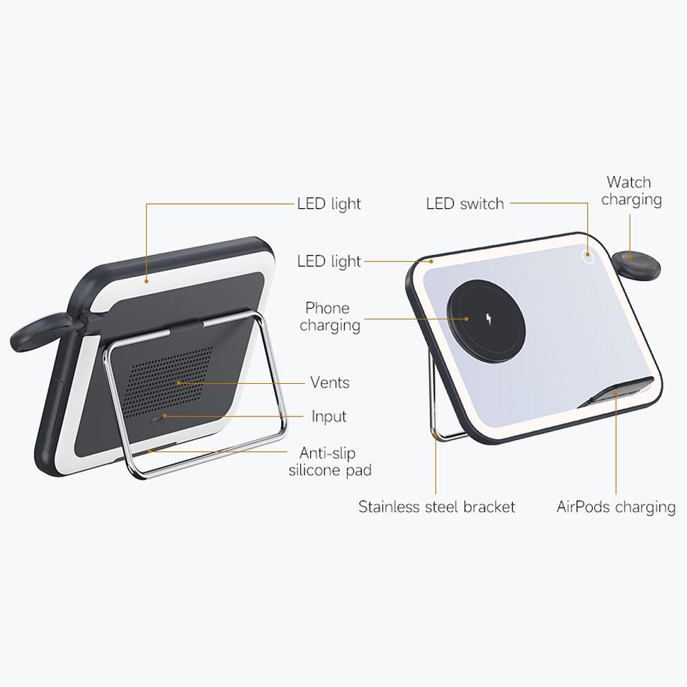 15W 3 In 1 Magnetic Led Makeup Mirror Charger - Black Tristar Online