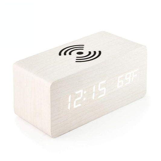 5W Wooden Wireless Charger With Led Mirror Display And Sub Alarm Clock - White Wood Tristar Online