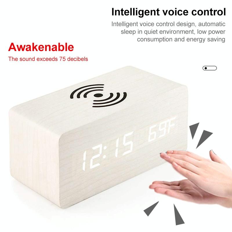 5W Wooden Wireless Charger With Led Mirror Display And Sub Alarm Clock - White Wood Tristar Online