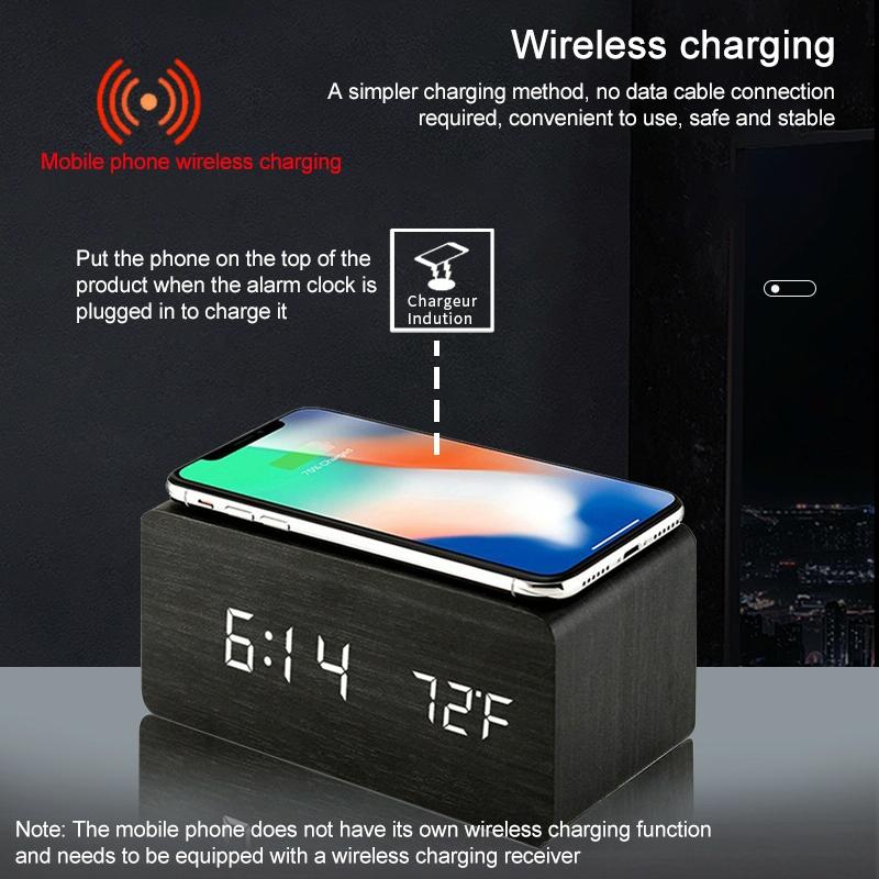5W Wooden Wireless Charger With Led Mirror Display And Sub Alarm Clock - White Wood Tristar Online