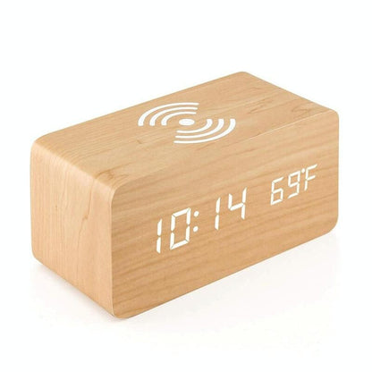 5W Wooden Wireless Charger With Led Mirror Display And Sub Alarm Clock - White Wood Tristar Online