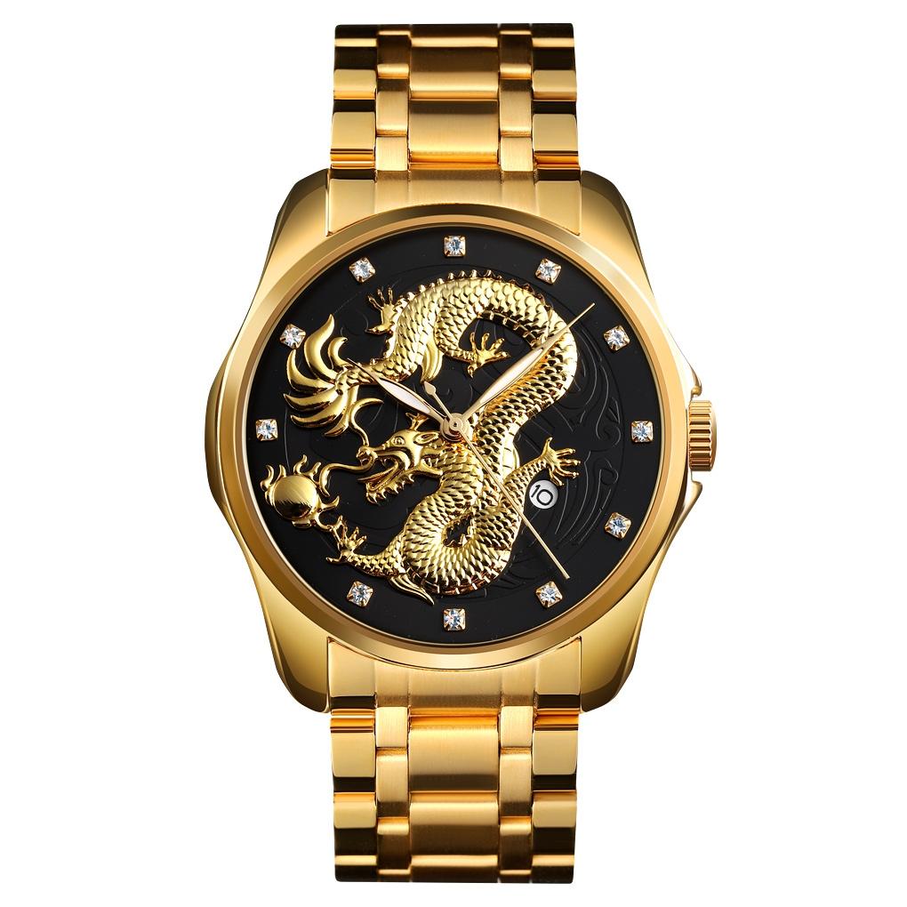 Men Golden Dragon Calendar Dial Quartz Watch with Luminous Hands - Gold Tristar Online