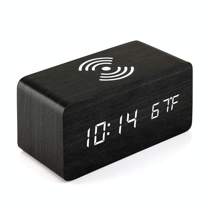 5W Wooden Wireless Charger With Led Mirror Display And Sub Alarm Clock - Black Wood Tristar Online