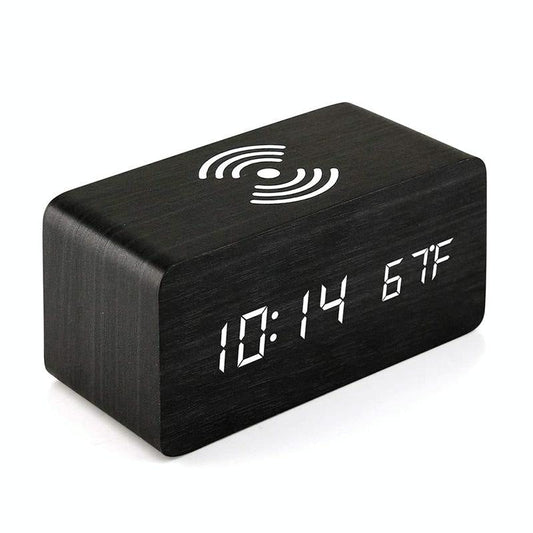 5W Wooden Wireless Charger With Led Mirror Display And Sub Alarm Clock - Black Wood Tristar Online