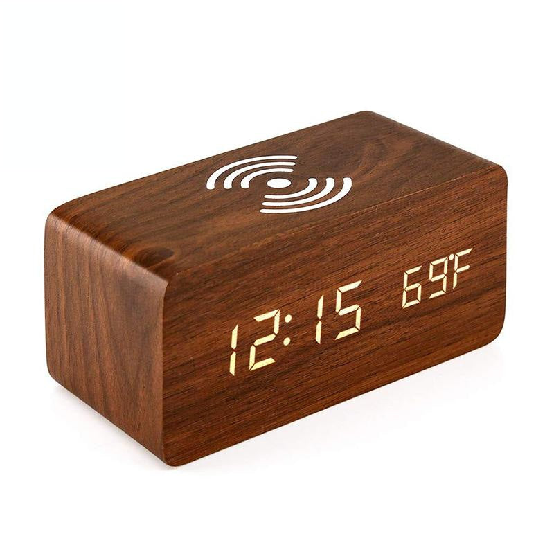 5W Wooden Wireless Charger With Led Mirror Display And Sub Alarm Clock - Black Wood Tristar Online