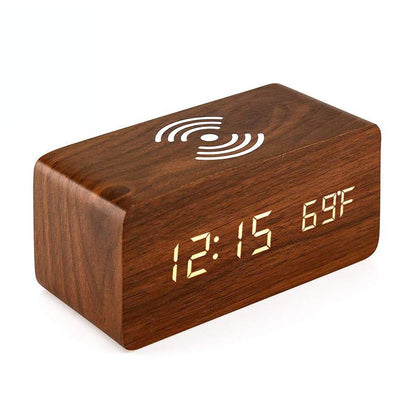 5W Wooden Wireless Charger With Led Mirror Display And Sub Alarm Clock - Black Wood Tristar Online