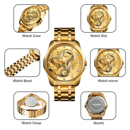 Men Golden Dragon Calendar Dial Quartz Watch with Luminous Hands - Gold Blue Tristar Online
