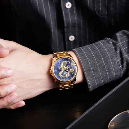 Men Golden Dragon Calendar Dial Quartz Watch with Luminous Hands - Gold Blue Tristar Online