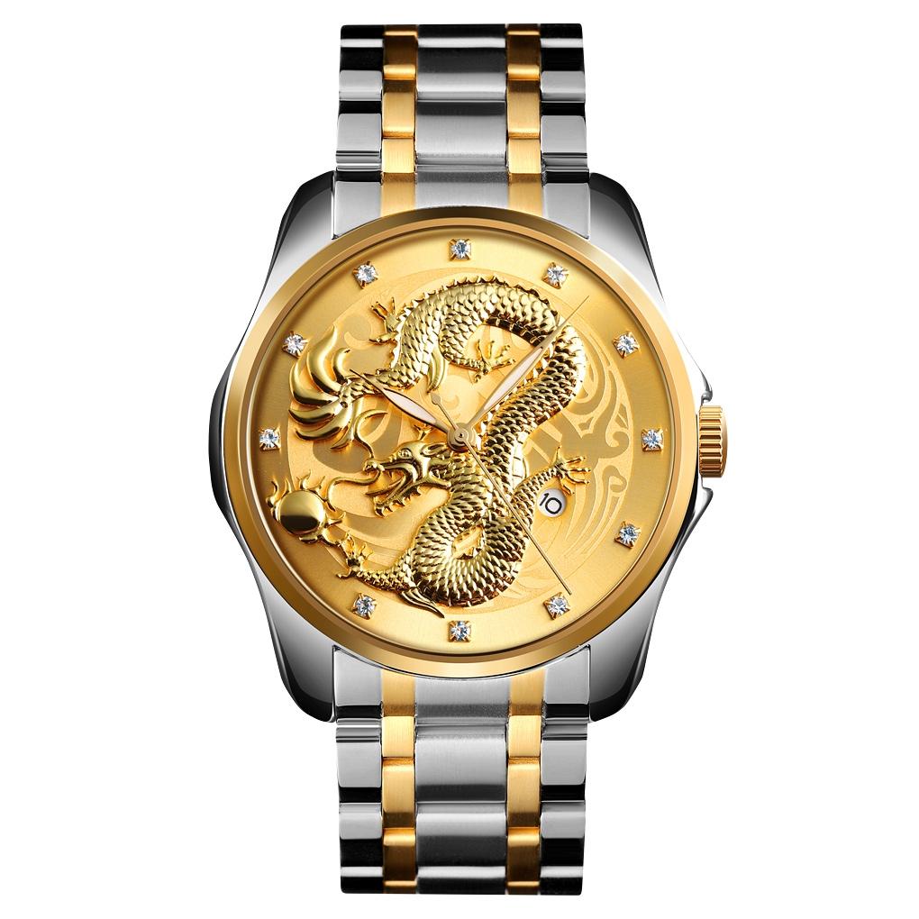 Men Golden Dragon Calendar Dial Quartz Watch with Luminous Hands - Gold Blue Tristar Online