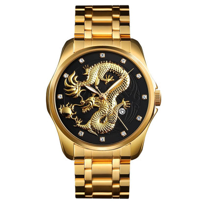 Men Golden Dragon Calendar Dial Quartz Watch with Luminous Hands - Gold Blue Tristar Online