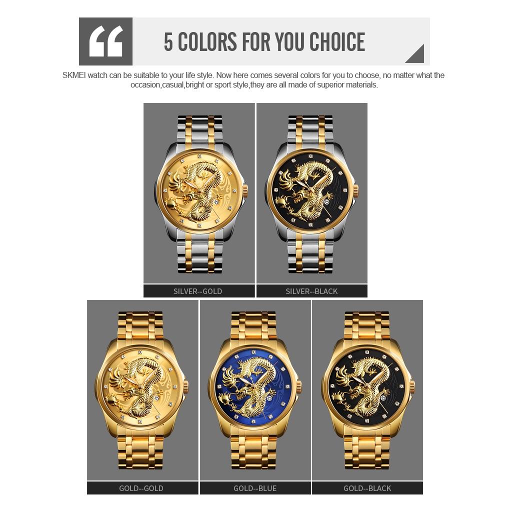 Men Golden Dragon Calendar Dial Quartz Watch with Luminous Hands - Gold Black Tristar Online