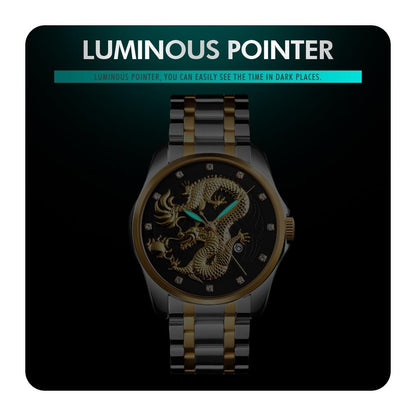 Men Golden Dragon Calendar Dial Quartz Watch with Luminous Hands - Gold Black Tristar Online