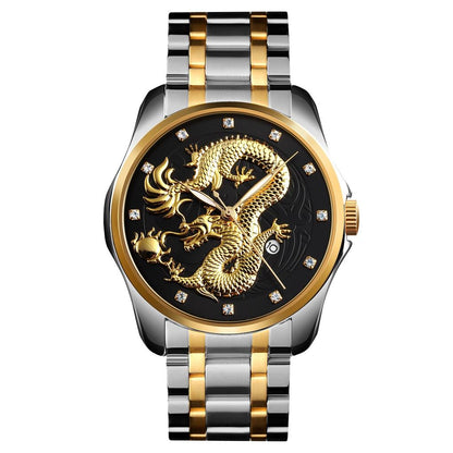 Men Golden Dragon Calendar Dial Quartz Watch with Luminous Hands - Gold Black Tristar Online