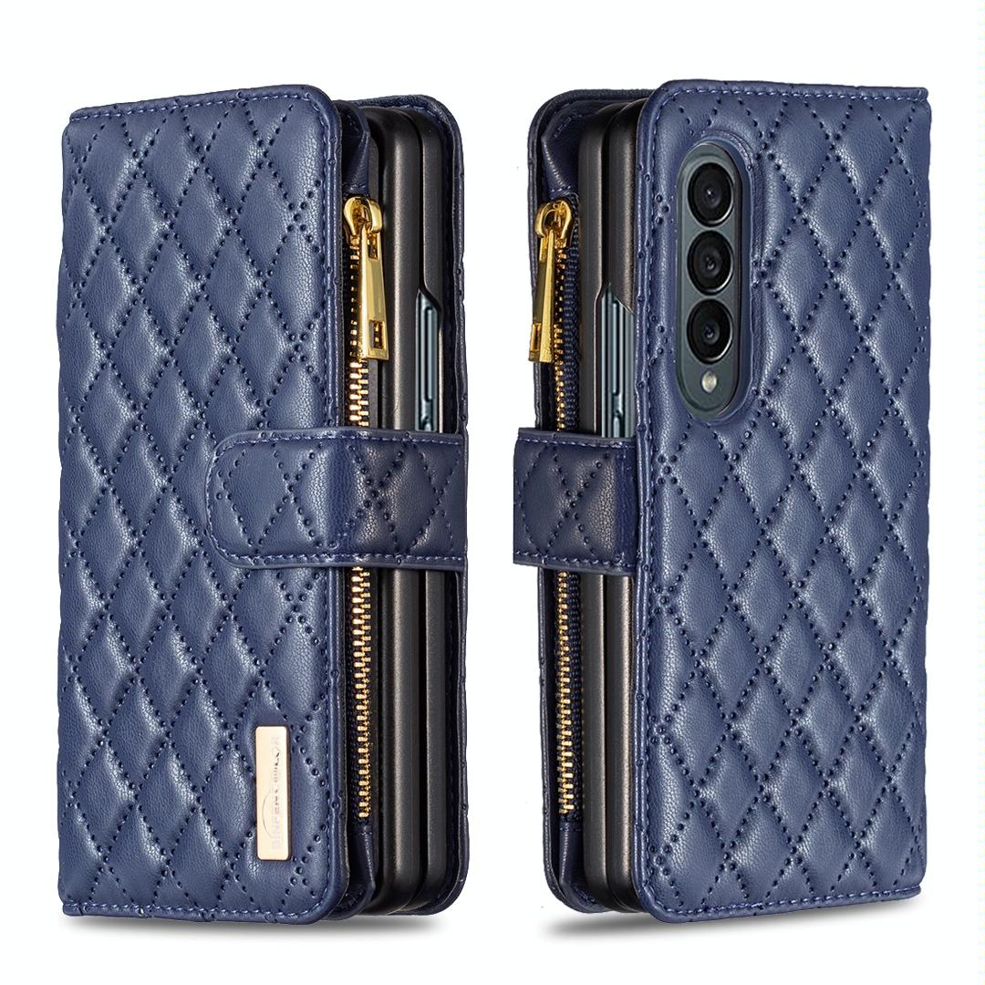 For Samsung Galaxy Z Fold4 5G Leather Zip Wallet - Diamond Lattice Design - Blue Tristar Online